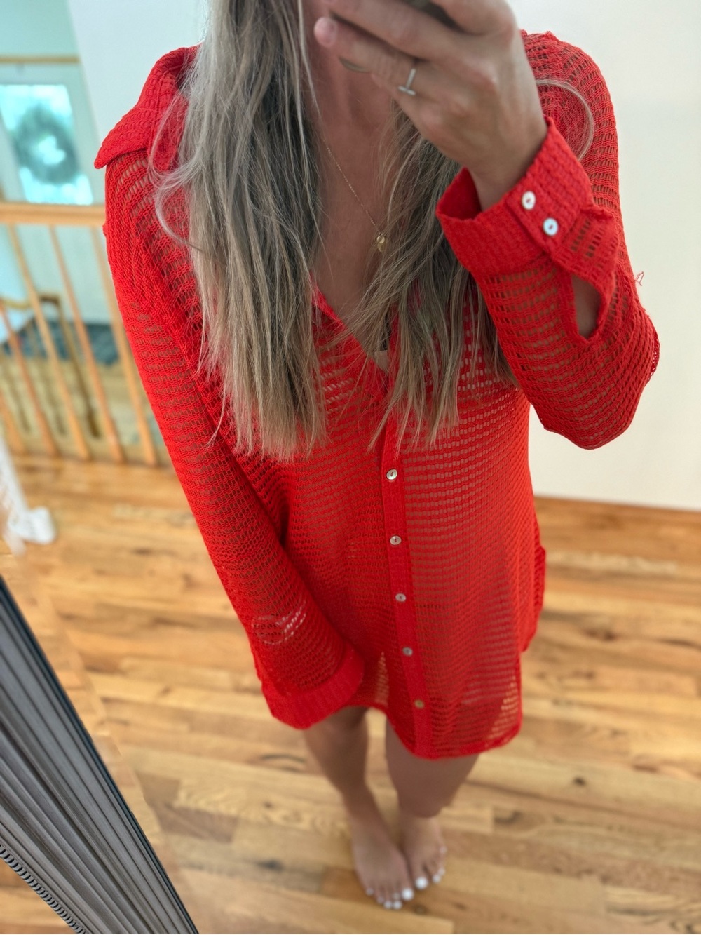 Haute Hippie Bright Red Open-Knit Button-Front Swim Coverup - Picture 2 of 5